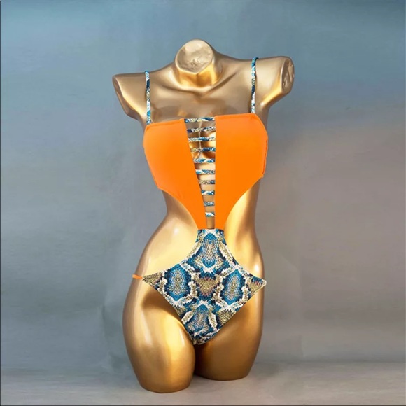 Bright Orange & Blue Snakeskin Print Monokini - Picture 1 of 4